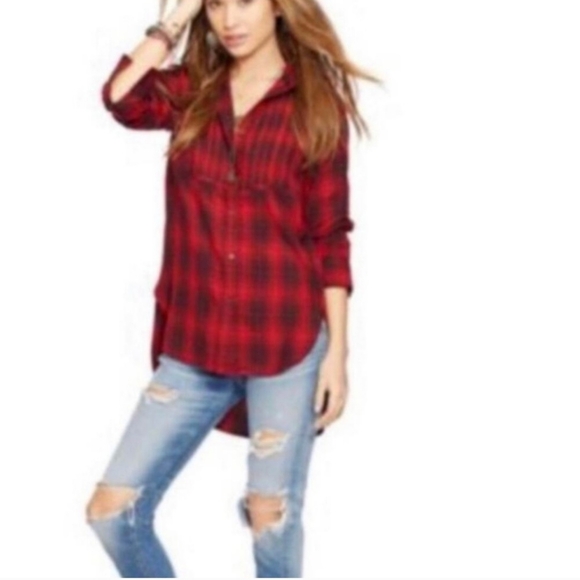 Ralph Lauren Tops - Ralph Lauren Denim & Supply | Red/Black Pleated Hi-Low Plaid Top